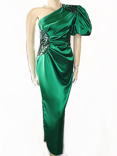 VINTAGE MISS BERGDORF FROM BERGDORF GOODMAN EMERALD SATIN ONE SHOULDER GODDESS EVENING GOWN WITH ART DECO DESIGN