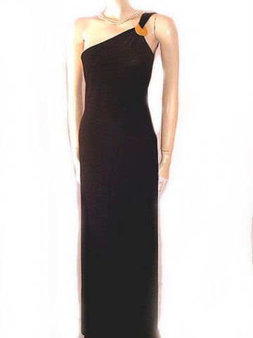 GORGEOUS VINTAGE ALEX EVENINGS ONE-SHOULDER GODDESS EVENING GOWN WITH GOLD METAL DECORATION - SIZE 12