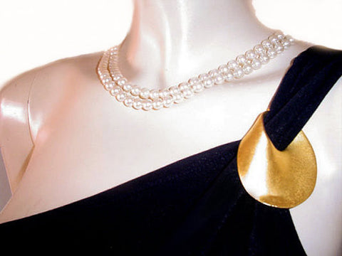 GORGEOUS VINTAGE ALEX EVENINGS ONE-SHOULDER GODDESS EVENING GOWN WITH GOLD METAL DECORATION - SIZE 12