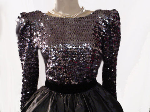 *VINTAGE SEQUIN, BLACK VELVET & TAFFETA GRAND SWEEP BALL GOWN IN STERLING SILVER