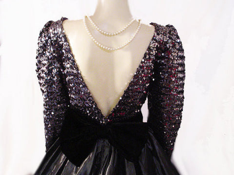 *VINTAGE SEQUIN, BLACK VELVET & TAFFETA GRAND SWEEP BALL GOWN IN STERLING SILVER