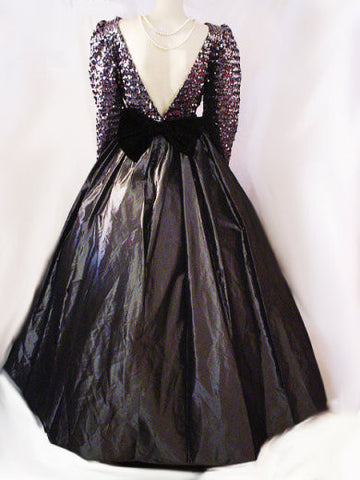 *VINTAGE SEQUIN, BLACK VELVET & TAFFETA GRAND SWEEP BALL GOWN IN STERLING SILVER