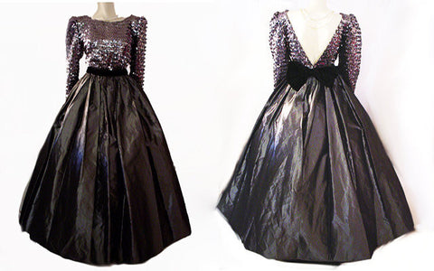 *VINTAGE SEQUIN, BLACK VELVET & TAFFETA GRAND SWEEP BALL GOWN IN STERLING SILVER