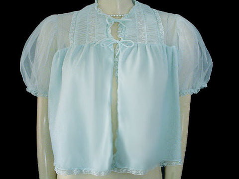 VINTAGE SNOWDEN BLUE PLEATED LACE RUFFLE BED JACKET - SIZE MEDIUM