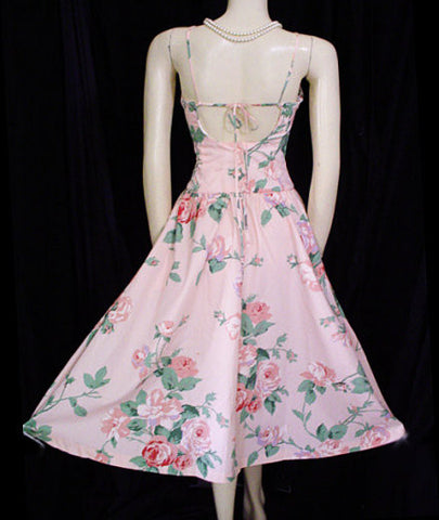 VINTAGE SUNSHINE STARSHINE NEARLY STRAPLESS PARTY DRESS WITH A GREAT LACED BACK IN CHINA ROSE