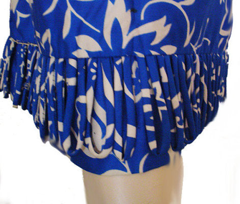VINTAGE JANET LYNN COTTON FLORAL & FLORAL DRESS IN MEDITERRANEAN BLUE & WHITE WITH LOOPED FRINGE HEM