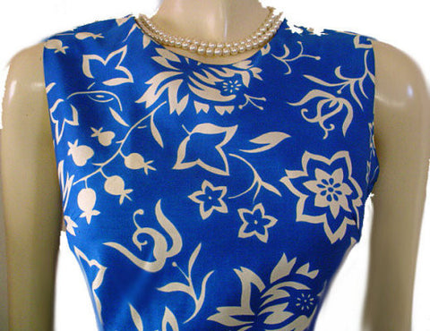 VINTAGE JANET LYNN COTTON FLORAL & FLORAL DRESS IN MEDITERRANEAN BLUE & WHITE WITH LOOPED FRINGE HEM