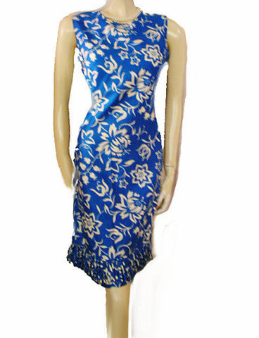 VINTAGE JANET LYNN COTTON FLORAL & FLORAL DRESS IN MEDITERRANEAN BLUE & WHITE WITH LOOPED FRINGE HEM