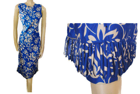 VINTAGE JANET LYNN COTTON FLORAL & FLORAL DRESS IN MEDITERRANEAN BLUE & WHITE WITH LOOPED FRINGE HEM