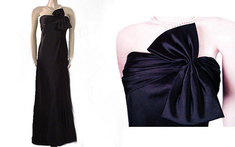 BEAUTIFUL ADRIANNA PAPELL BLACK SATIN & SPANDEX EVENING GOWN ADORNED WITH A HUGE BOW