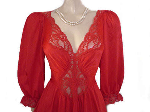 VINTAGE OLGA SPANDEX LACE NIGHTGOWN WITH SLEEVES IN CHILI PEPPER