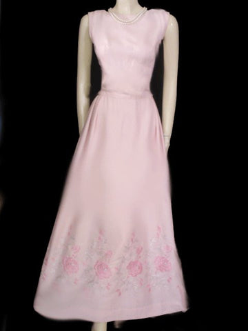VINTAGE PINK DRESS EMBROIDERED WITH PINK & SILVER ROSES WITH METAL ZIPPER