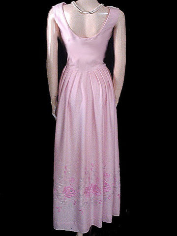 VINTAGE PINK DRESS EMBROIDERED WITH PINK & SILVER ROSES WITH METAL ZIPPER