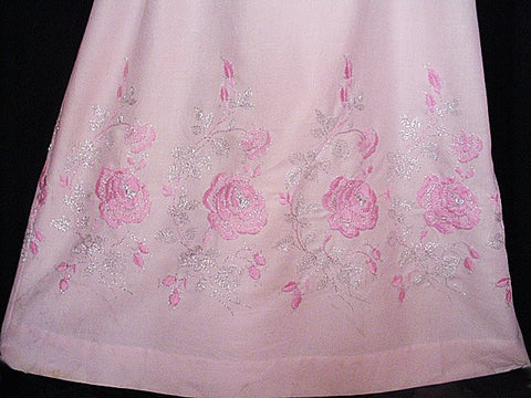 VINTAGE PINK DRESS EMBROIDERED WITH PINK & SILVER ROSES WITH METAL ZIPPER