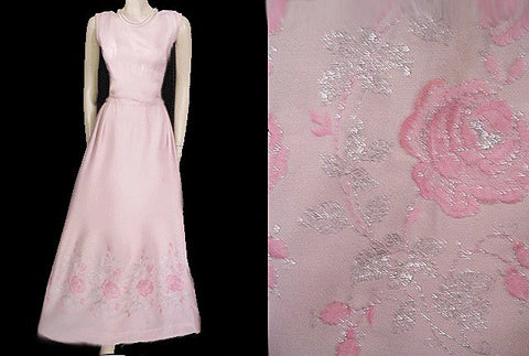 VINTAGE PINK DRESS EMBROIDERED WITH PINK & SILVER ROSES WITH METAL ZIPPER