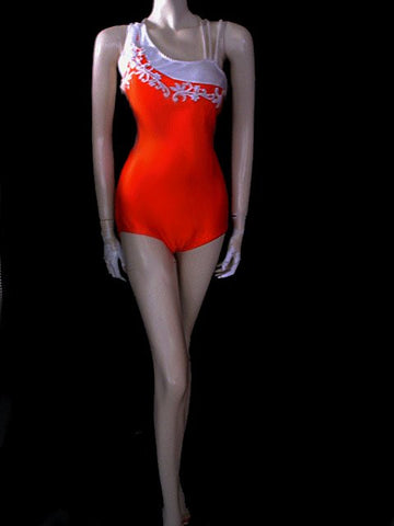 GLAMOROUS VINTAGE WATER GODDESS APPLIQUE SWIMSUIT WITH A FABULOUS BACK IN ORANGE CRUSH