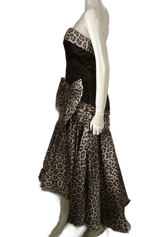 VINTAGE SAN-MARTIN BLACK SATIN & LEOPARD TAFFETA EVENING GOWN WITH RHINESTONE BOW & ATTACHED CRINOLINE