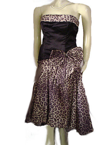 VINTAGE SAN-MARTIN BLACK SATIN & LEOPARD TAFFETA EVENING GOWN WITH RHINESTONE BOW & ATTACHED CRINOLINE