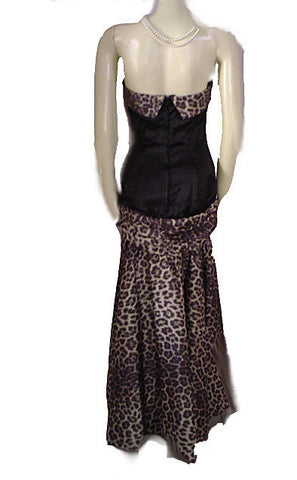 VINTAGE SAN-MARTIN BLACK SATIN & LEOPARD TAFFETA EVENING GOWN WITH RHINESTONE BOW & ATTACHED CRINOLINE