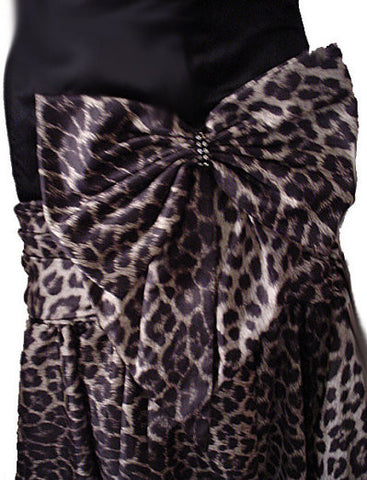 VINTAGE SAN-MARTIN BLACK SATIN & LEOPARD TAFFETA EVENING GOWN WITH RHINESTONE BOW & ATTACHED CRINOLINE