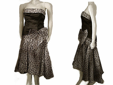 VINTAGE SAN-MARTIN BLACK SATIN & LEOPARD TAFFETA EVENING GOWN WITH RHINESTONE BOW & ATTACHED CRINOLINE