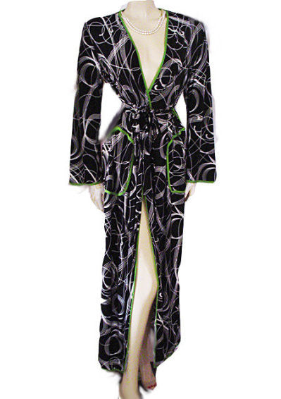 NEW - DIAMOND TEA SPRING & SUMMER SPANDEX WRAP-STYLE ROBE IN BLACK & WHITE SWIRL DESIGN WITH LUCITE GREEN TRIM - SIZE SMALL