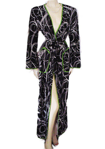 NEW - DIAMOND TEA SPRING & SUMMER SPANDEX WRAP-STYLE ROBE IN BLACK & WHITE SWIRL DESIGN WITH LUCITE GREEN TRIM - SIZE SMALL