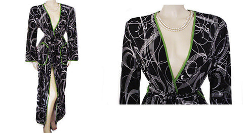 NEW - DIAMOND TEA SPRING & SUMMER SPANDEX WRAP-STYLE ROBE IN BLACK & WHITE SWIRL DESIGN WITH LUCITE GREEN TRIM - SIZE SMALL