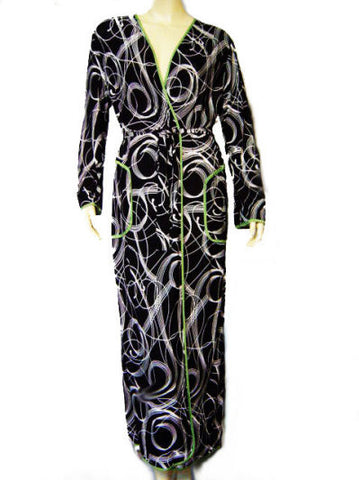 NEW - DIAMOND TEA SPRING & SUMMER SPANDEX WRAP-STYLE ROBE IN BLACK & WHITE SWIRL DESIGN WITH LUCITE GREEN TRIM - SIZE SMALL