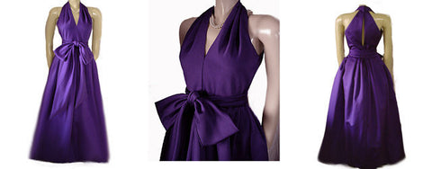 *GORGEOUS VINTAGE A.J. BARI PEAU DE SOIE HALTER EVENING GOWN ADORNED WITH A HUGE 10 FOOT SASH & BOW IN AMETHYST