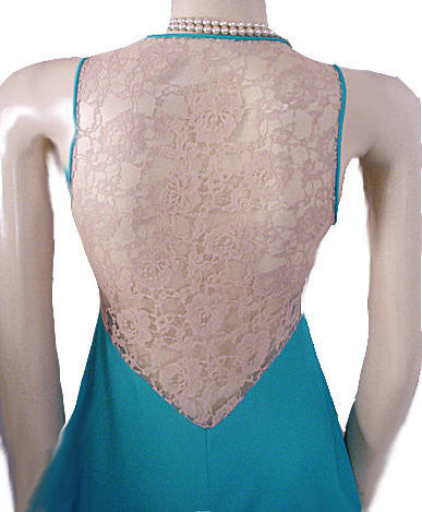 VINTAGE GLYDONS OF HOLLYWOOD NIGHTGOWN WITH EXQUISITE SHEER ECRU LACE BACK