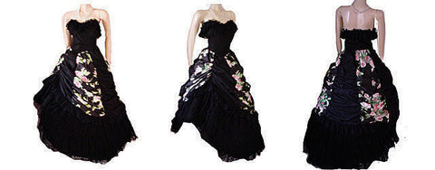 VINTAGE SOUTHERN BELLE LORALIE ORIGINAL SWEETHEART BLACK & PINK ROSES FESTOONS LACE TAFFETA EVENING GOWN - SIZE LARGE