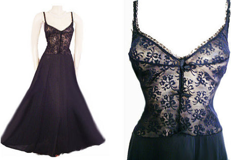 VINTAGE OLGA RARE STYLE ALL LACE SPANDEX LACE BODICE WITH BOWS NIGHTGOWN IN MIDNIGHT SORCERER - SIZE LARGE
