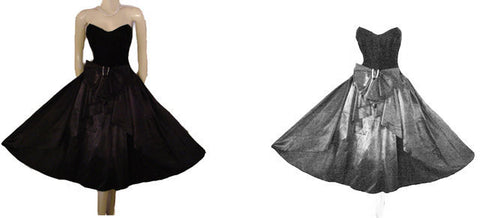 VINTAGE '80s GUNNE SAX BY JESSICA McCLINTOCK SWEETHEART NECKLINE BLACK VELVET & SATIN PARTY DRESS WITH ATTACHED CRINOLINE & RHINESTONE BOW