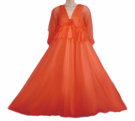 VINTAGE DOUBLE NYLON PEIGNOIR & NIGHTGOWN 19 FEET GRAND SWEEP SET ADORNED WITH FABRIC ROSES IN RARE SHADE OF TANGERINE