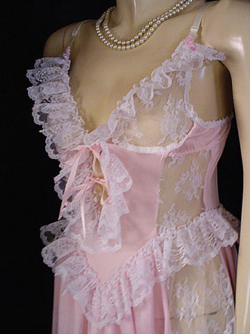 VINTAGE ROMANTIC FAIRYTALE “TREASURE” BY FARIS LACE RUFFLE GRAND SWEEP BUSTIER-LOOK NIGHTGOWN IN BREATHTAKING PINK