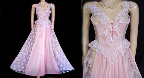 VINTAGE ROMANTIC FAIRYTALE “TREASURE” BY FARIS LACE RUFFLE GRAND SWEEP BUSTIER-LOOK NIGHTGOWN IN BREATHTAKING PINK