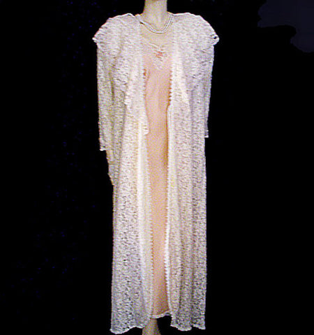VERY RARE VINTAGE CHRISTIAN DIOR "LE CONNAISSEUR" FROM NEIMAN MARCUS SILK & HEAVY LACE BRIDAL TROUSSEAU PEIGNOIR & NIGHTGOWN SET