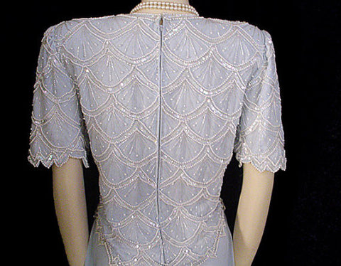 *  SPARKLING LAWRENCE KAZAR PEARL, SHOT & SEQUIN CHIFFON EVENING GOWN - 22 FEET GRAND SWEEP - SIZE LARGE