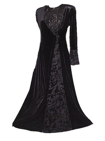 NEW WITH TAG - FROM MY OWN PERSONAL COLLECTION - FABULOUS VICTORIAN-LOOK VELVETY EVENING GOWN / DRESSING GOWN ADORNED WITH SPARKLING SILVER BURNOUT FABRIC