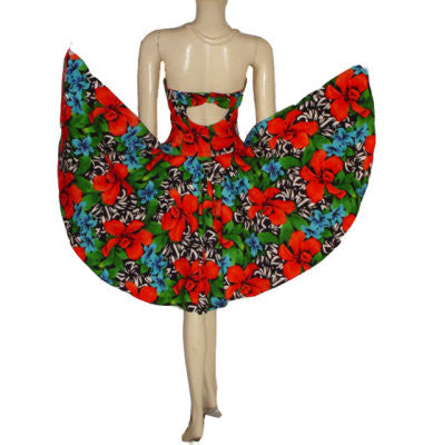 *VINTAGE A. J. BARI  STRAPLESS PARTY DRESS WITH CUT-OUT BACK WITH BOW ADORNED WITH RED ORCHIDS & TURQUOISE PLUMERIA