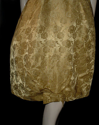 VINTAGE ‘50s GOLD BROCADE PARTY DRESS ADORNED WITH ROSES & BOW WITH ATTACHED CRINOLINE & METAL ZIPPER