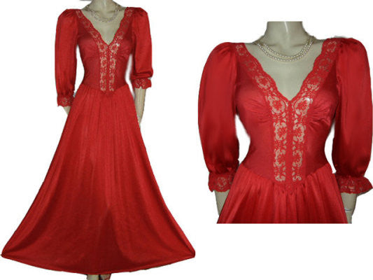 VINTAGE OLGA SPANDEX LACE NIGHTGOWN WITH SLEEVES IN SALSA