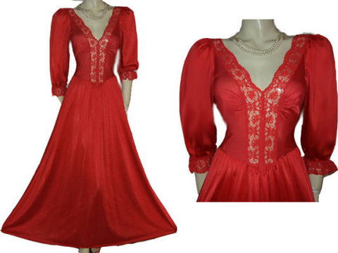 VINTAGE OLGA SPANDEX LACE NIGHTGOWN WITH SLEEVES IN SALSA
