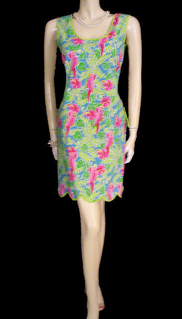 ADORABLE SUMMER HOT PINK & LIME COTTON & SPANDEX SPARKLING SEQUINS  & BEADED COCKATOO PARROT DRESS - SIZE XL