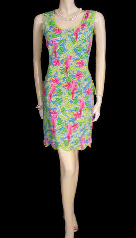 ADORABLE SUMMER HOT PINK & LIME COTTON & SPANDEX SPARKLING SEQUINS  & BEADED COCKATOO PARROT DRESS - SIZE XL