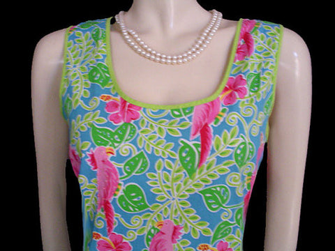 ADORABLE SUMMER HOT PINK & LIME COTTON & SPANDEX SPARKLING SEQUINS  & BEADED COCKATOO PARROT DRESS - SIZE XL