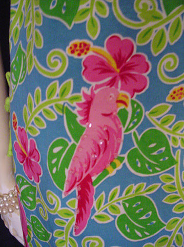 ADORABLE SUMMER HOT PINK & LIME COTTON & SPANDEX SPARKLING SEQUINS  & BEADED COCKATOO PARROT DRESS - SIZE XL