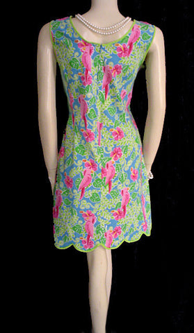 ADORABLE SUMMER HOT PINK & LIME COTTON & SPANDEX SPARKLING SEQUINS  & BEADED COCKATOO PARROT DRESS - SIZE XL
