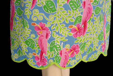 ADORABLE SUMMER HOT PINK & LIME COTTON & SPANDEX SPARKLING SEQUINS  & BEADED COCKATOO PARROT DRESS - SIZE XL